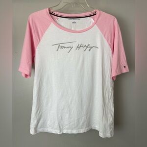 Tommy Hilfiger Pink and White Raglan 3/4 Sleeve Tee